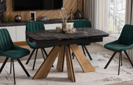 Стол обеденный Палмер Тип 1 Черный муар/Дуб галифакс нат/Керамика матовая черный мрамор Трия