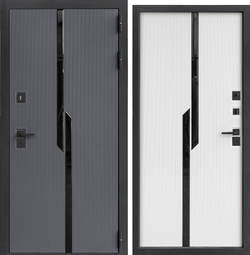 Дверь входная металлическая Волга-Бункер Марсель Черное стекло с фацетом Графит / белый